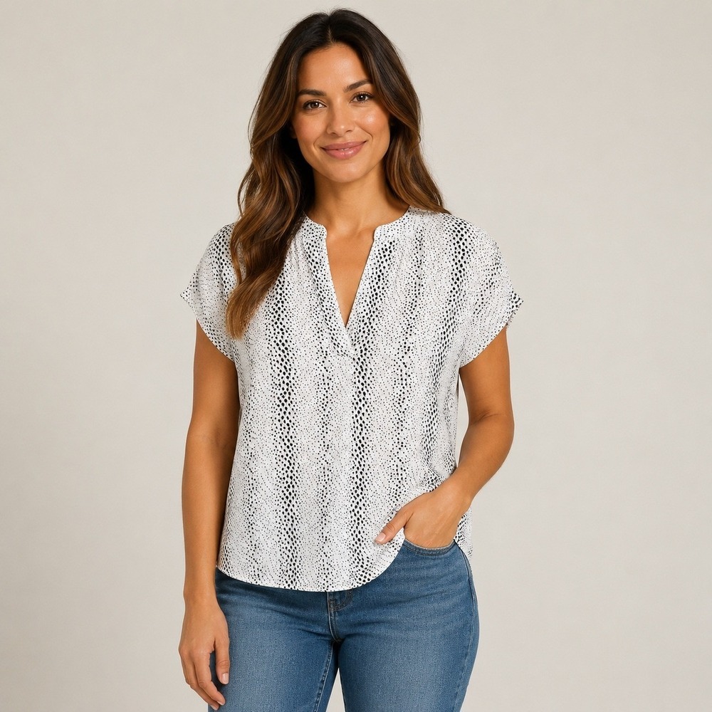 Adrianna Papell Womens White Black‎ Dotted Animal Print Split V-Neck Blouse M